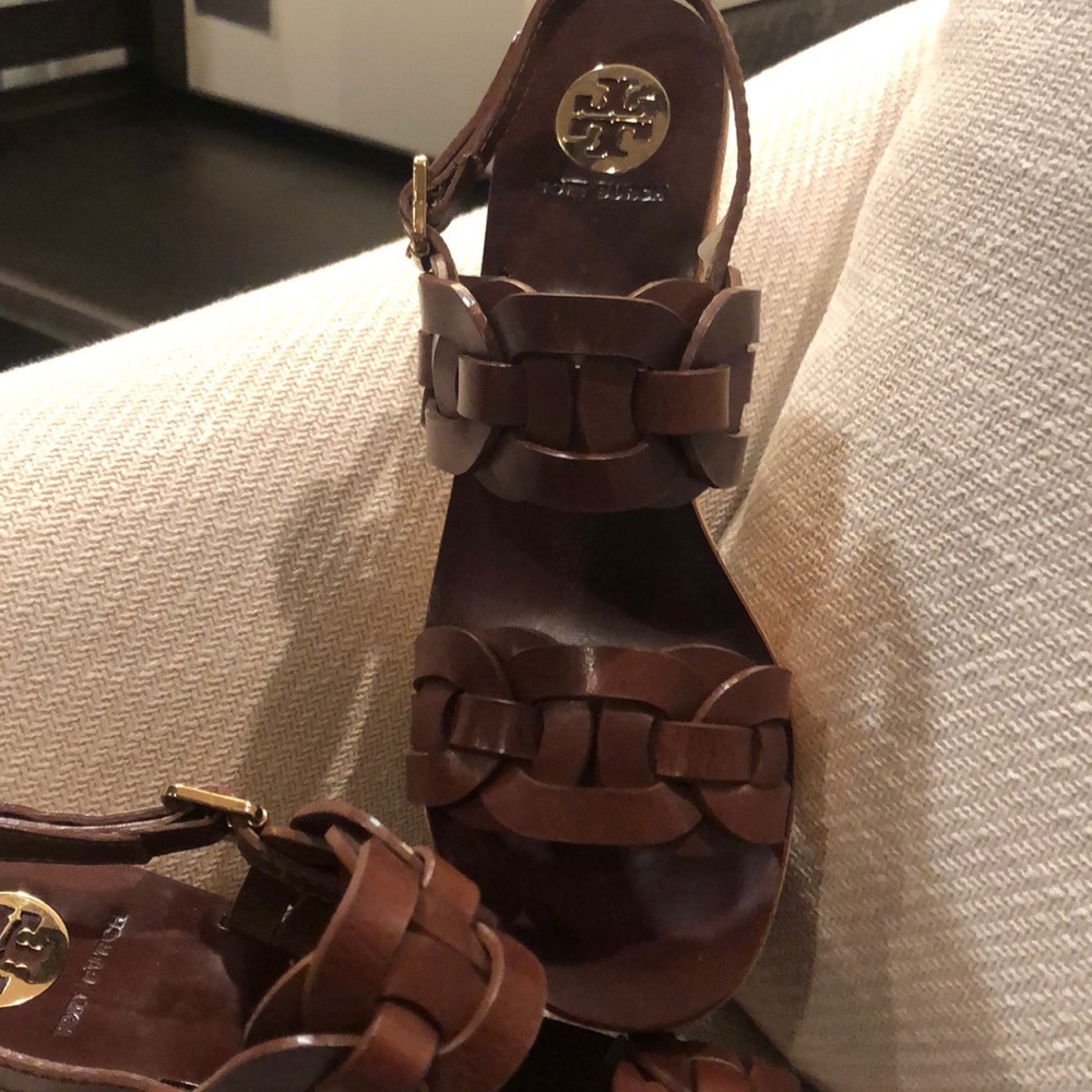 Tory Burch brown leather sandals cork wedge heel